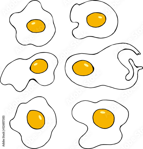 Set with fried egg on white background. Vector image.
