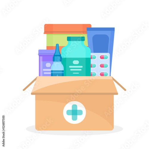 Pharmacy delivery. Medical care. Medicines in a box. Hospital medication kit. Medicine. Pharmacy.