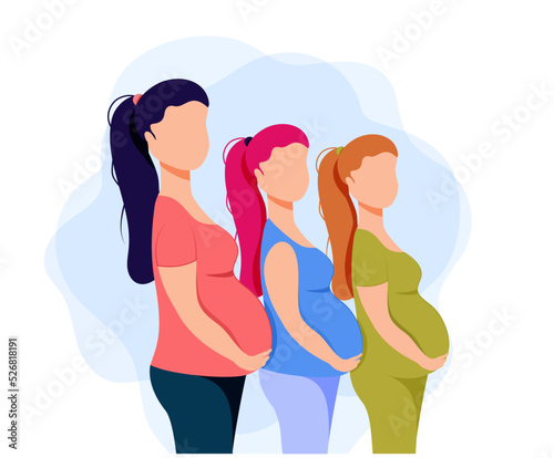 Girls stand in one line pregnant. Flat style. Birth of a child. Fetus. Vector stock illustration. A character without a face. young women