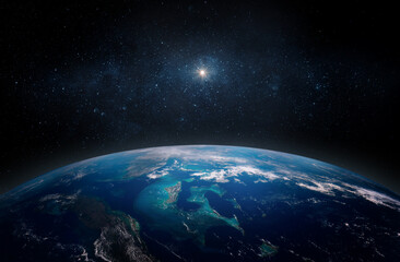 Panoramic view of the Earth and star. Sunrise over planet Earth, view from space. Elements of this image furnished by NASA