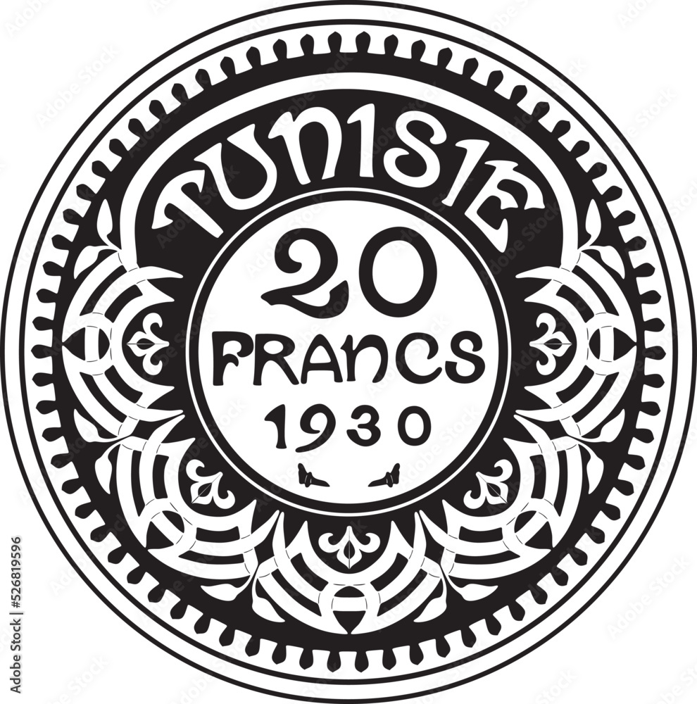 tunisia 20 franc coin year 1930 black design handmade silhouette