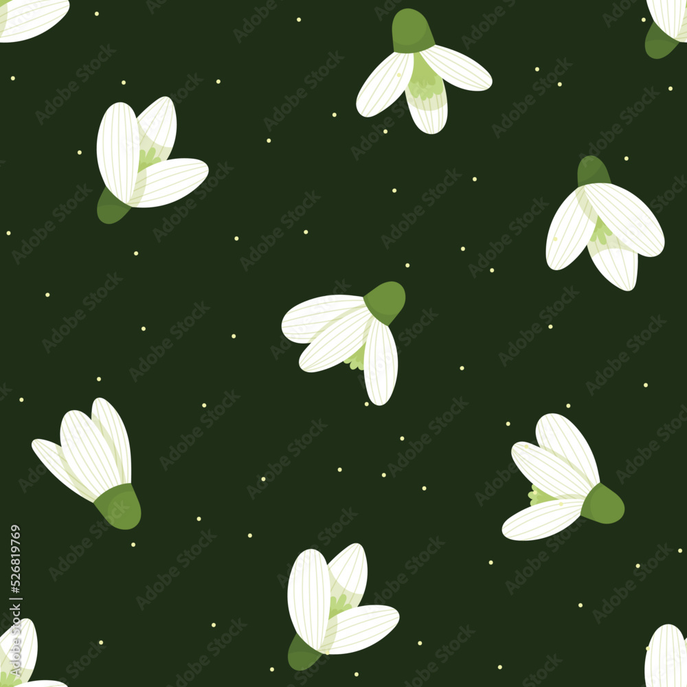 seamless pattern with flowers. seamless pattern with snowdrops. wallpaper with white flowers on a green background. vector illustration seamless pattern with flowers. seamless pattern with snowdrops. wallpaper with white flowers on a green background. vector illustration