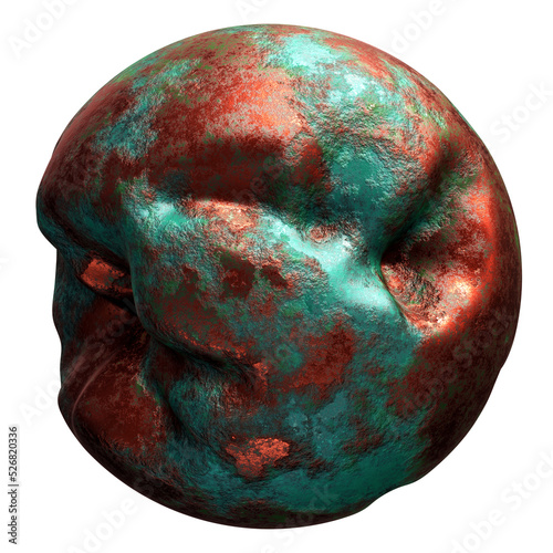 Realistic 3D illustration of the morphing damaged and corroded aged weathered copper sphere isolated on white