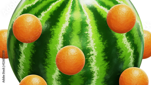 Realistic 3D illustration of the beautiful watermelon texture sphere with rolling small orange peel spheres as satellites against white