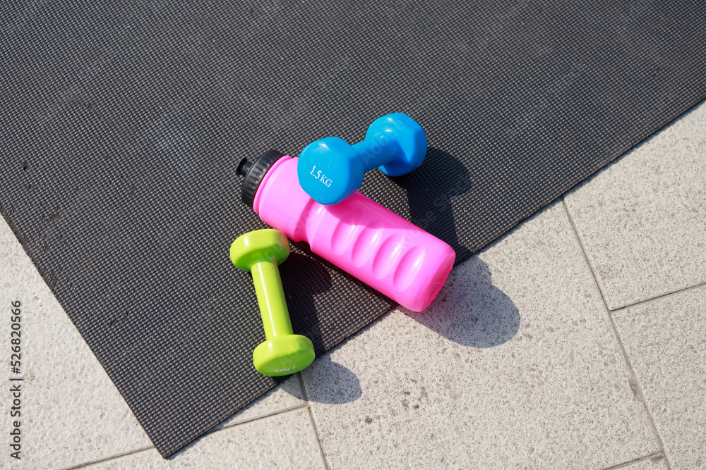 Top view of fitness equipments Top view of fitness equipments