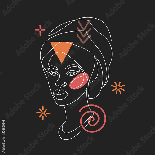 Face of an Afro American woman in a modern abstract minimalist one line style with minimal shapes. Continuous black line of an African girl simple drawing. Isolated on black. Vector illustration. 