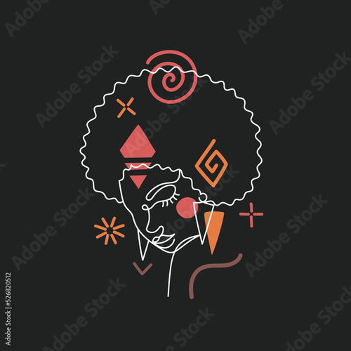 Face of an Afro American woman in a modern abstract minimalist one line style with minimal shapes. Continuous black line of an African girl simple drawing. Isolated on black. Vector illustration. 