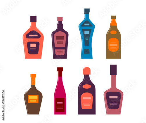 Bottle of whiskey vodka liquor brandy cognac rum wine. Graphic design for any purposes. Flat style. Color form. Party drink concept. Simple image shape