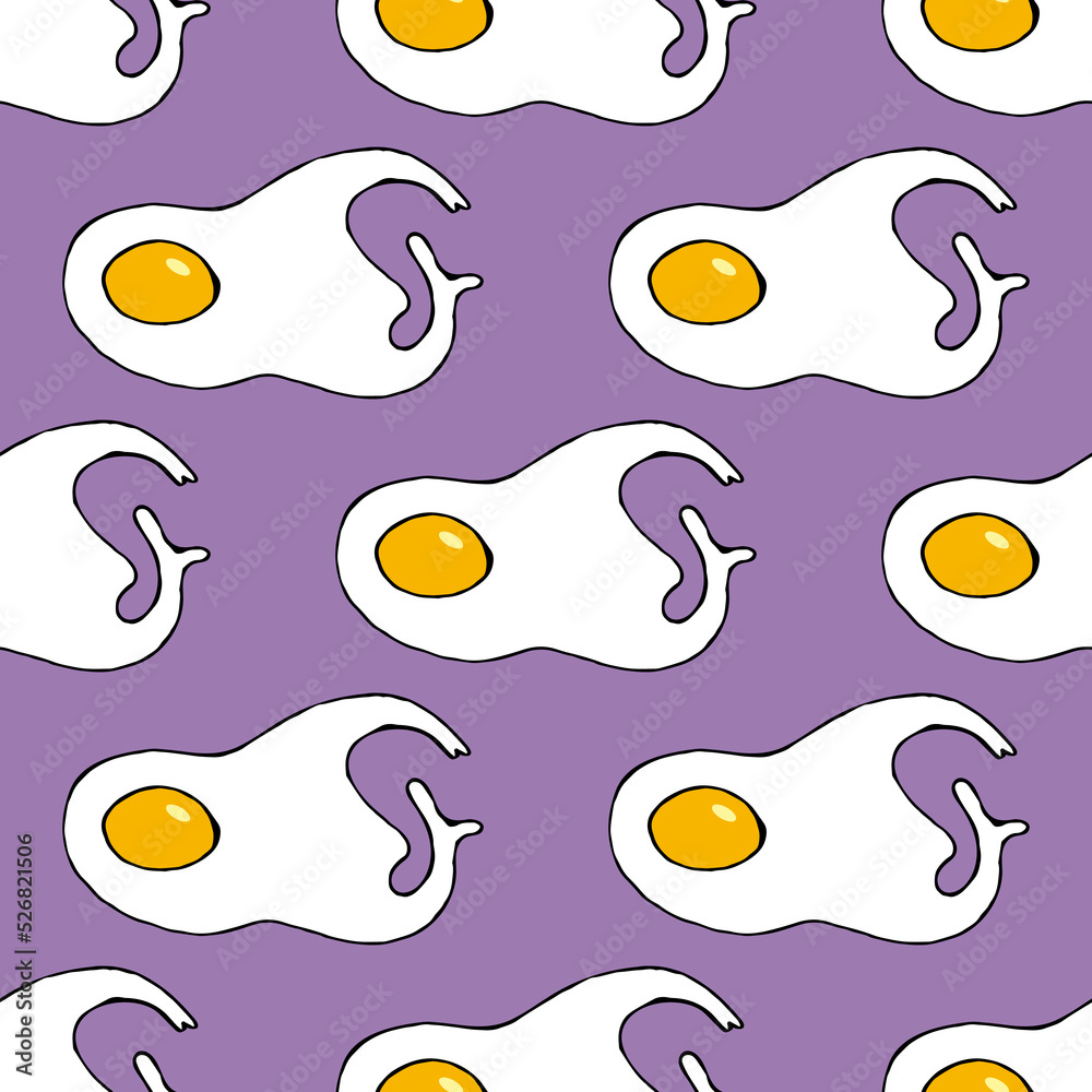 Seamless pattern with fried egg on lilac background. Vector image.