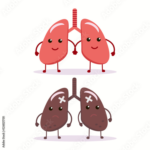 Sad suffering sick cute and healthy happy smiling lungs character. Vector flat cartoon illustration icon design. Isolated on white backgound