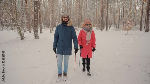 Wallpaper Mural Couple Practicing Nordic Walking In Forest. Sticks Walking On Winter Wood. Sport Activities Healthy Lifestyle. Nordic Walking With Trekking Sticks. Winter Adventure Hiking. Sport Recreation Exercising Torontodigital.ca