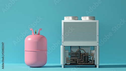 pink gas cylinder for refilling freon next to the air conditioning system photo