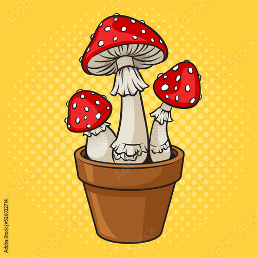 fly agaric amanita mushrooms in flower pot pop art retro vector illustration. Comic book style imitation.