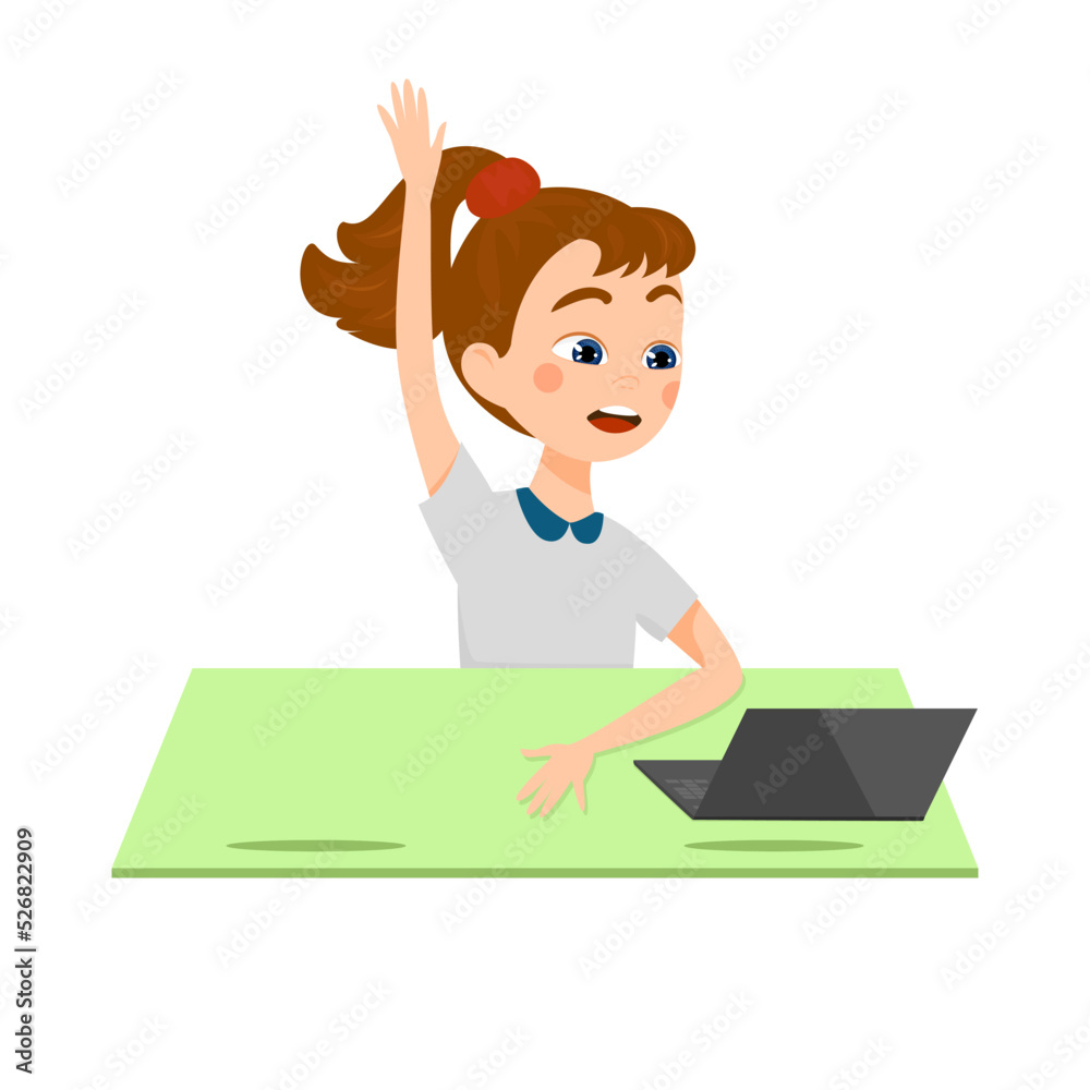 The girl is sitting at desk with laptop and raising his hand. Homeschooling Concept. Online studing. Cartoon style, vector illustration The girl is sitting at desk with laptop and raising his hand. Homeschooling Concept. Online studing. Cartoon style, vector illustration