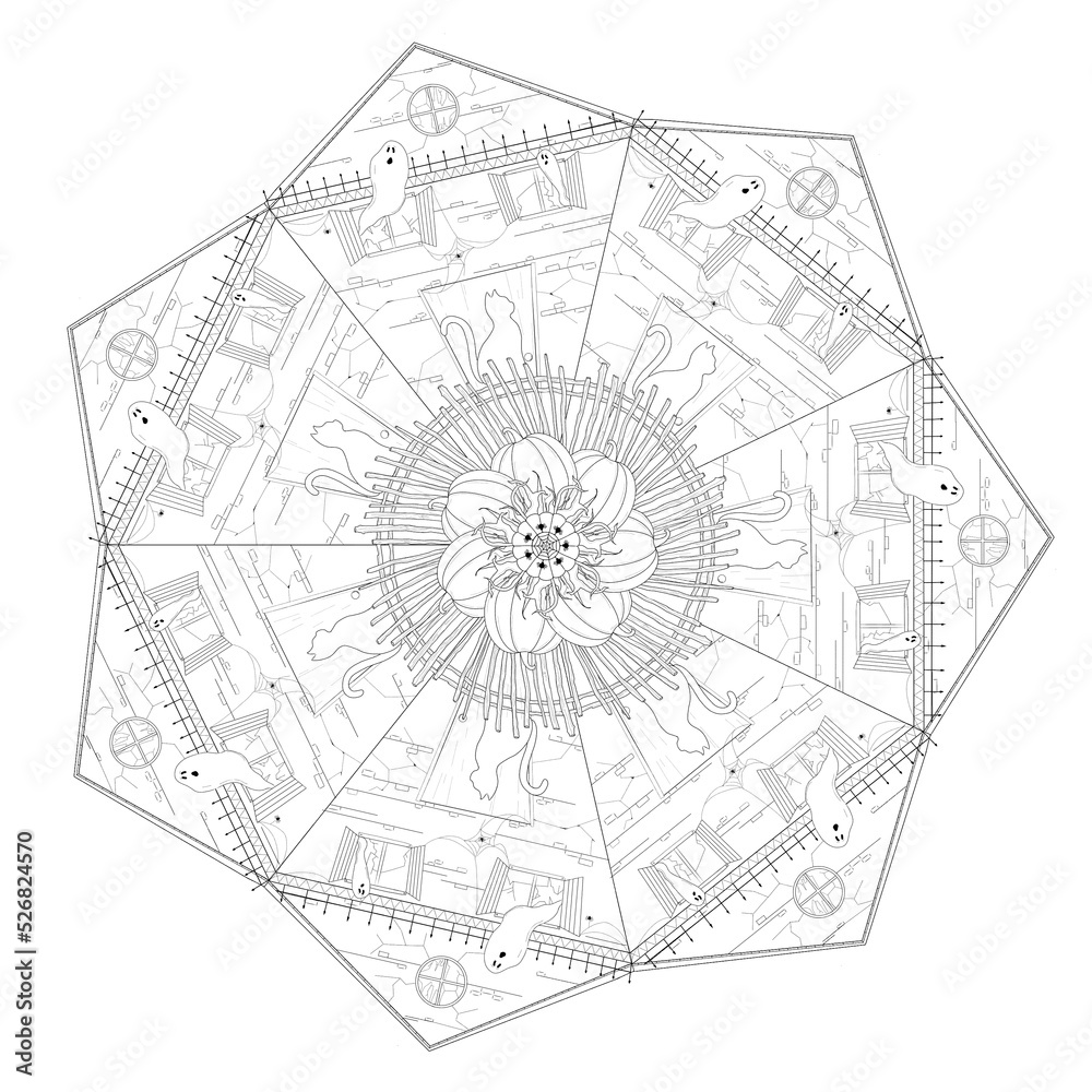 Digital mandala illustration for halloween. Idea for coloring pages. Idea for posters, postcards, coloring pages, books, etc.