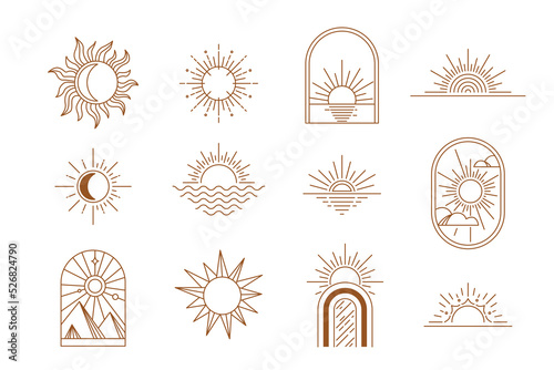 Sun, moon nature logo design in simple modern line style. Boho element