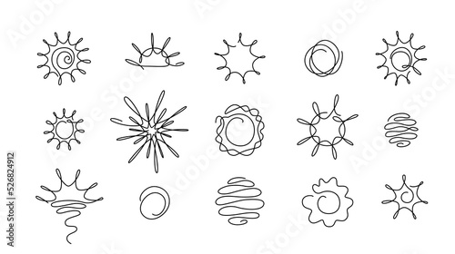 Sun continuous line art vector set. One line sketch sunny summer