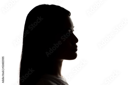 Portrait silhouette profile of asian woman on white background.