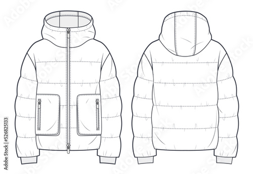 Unisex Hooded Zip-up Puffer Jacket technical fashion Illustration. Cropped Down Jacket technical drawing template, long sleeve, pocket, front and back view, white, women, men, unisex CAD mockup.