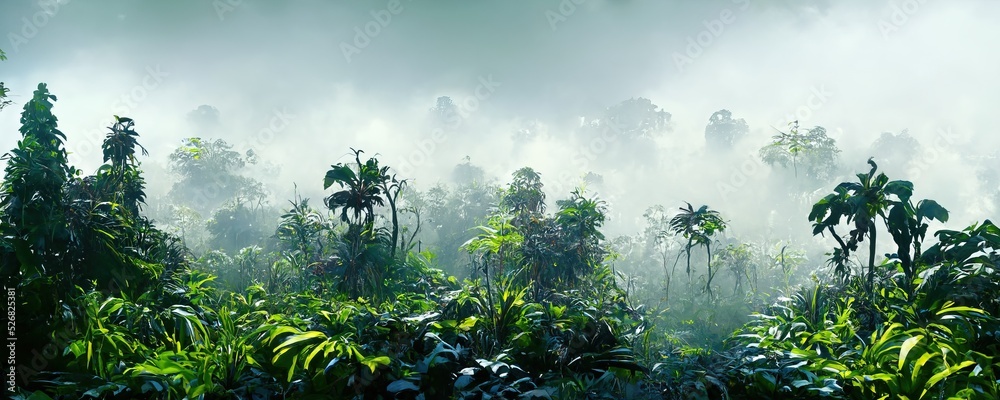 Foggy dark excotic tropical jungle illustration design - obrazy, fototapety, plakaty 