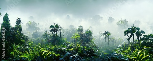 Foggy dark excotic tropical jungle illustration design. Generative AI