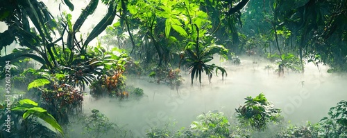 Obraz na plátne Foggy dark excotic tropical jungle illustration design