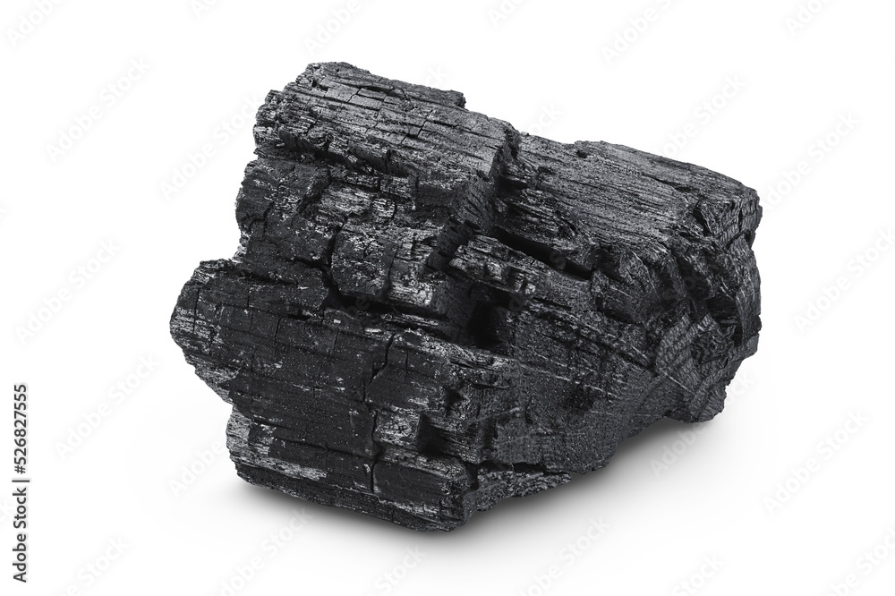 Natural wooden charcoal isolated on white background with full depth of field