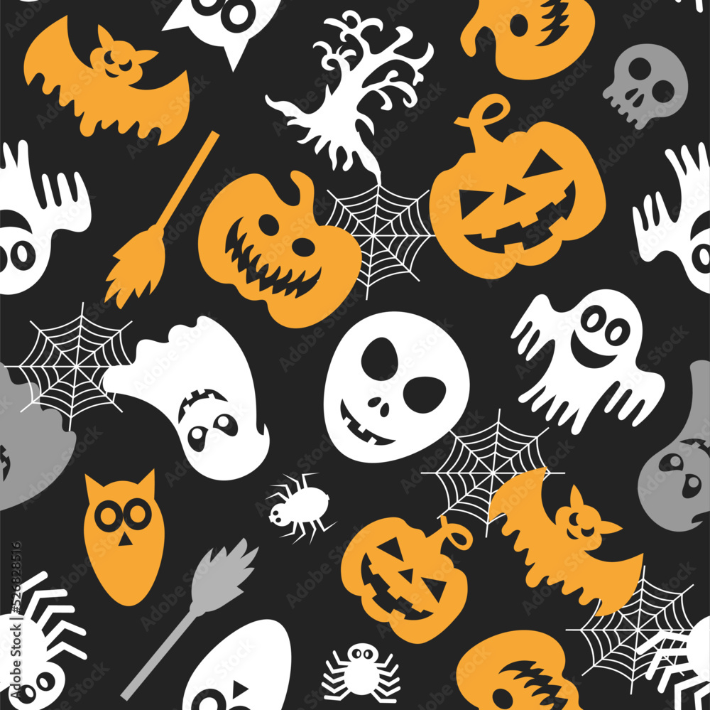 Seamless vector pattern for Halloween design. Halloween symbols: pumpkin, ghost, spider in cartoon style. Vector Illustration