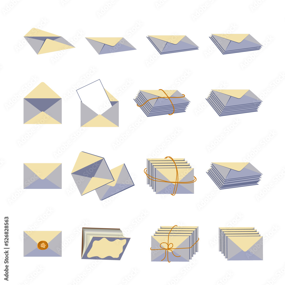 Vector illustration with blue beige envelopes in flat style isolated on white background in different positions Vector illustration with blue beige envelopes in flat style isolated on white background in different positions