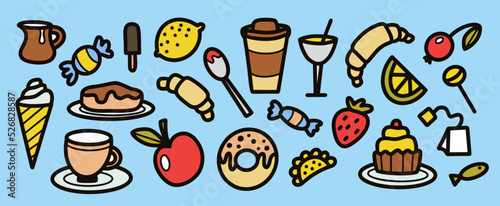 Hand drawn doodle icons of food and drinks.