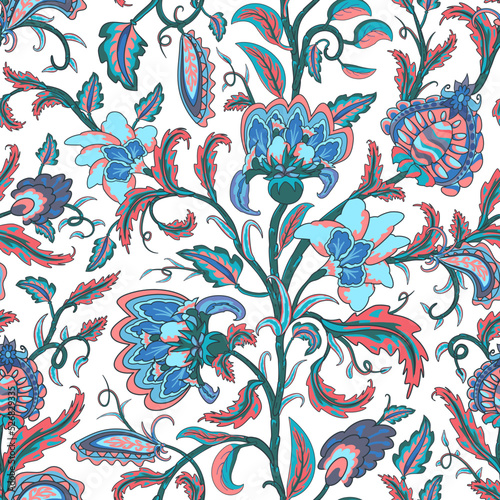 Decorative reddish blue and turquoise fantasy flowers and branches on white background inspired indian paisley culture. Floral seamless pattern in oriental style.