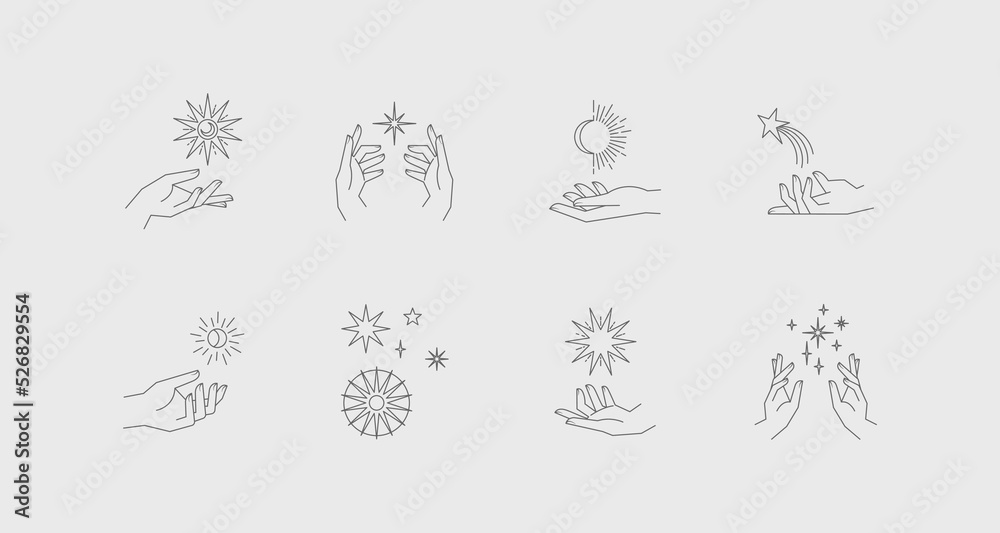 Aesthetic astral hands. Collection of cosmic and celestial elements with sun, moon and stars. Isolated editable linear vectors.