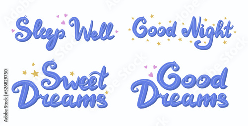 Set of blue lettering in beautiful style with stars, hearts. Lettering for print design about sleep, good night, sweet dreams.Vector drawing for kids bedroom, nursery room. Relax and rest concept.