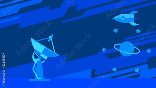 A satellite dish, a locator picks up and transmits signals from an artificial satellite and a rocket. Abstract animation from flat drawings of a blue tint on a space theme.
