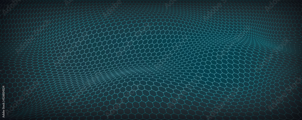 Obraz premium Hexagon wave background. Abstract hexagonal perspective grid. Distorted mesh.
