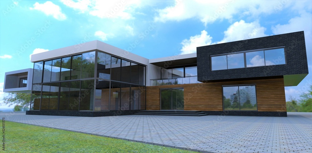 An advanced project of a modern estate in a minimalist style. Spacious glass facade protruding forward. Wood trim and black brick tiles. 3d render. An advanced project of a modern estate in a minimalist style. Spacious glass facade protruding forward. Wood trim and black brick tiles. 3d render.