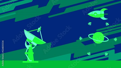 A satellite dish, a locator picks up and transmits signals from an artificial satellite and a rocket. Abstract animation from flat drawings of a green tint on a space theme.