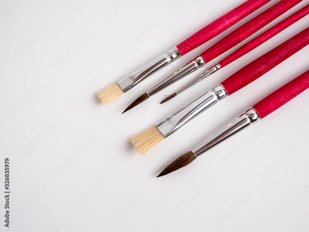 Various artist's brushes on a white background.