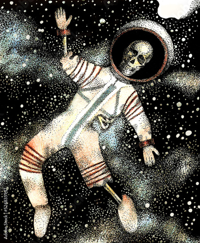 A dead astronaut in a spacesuit flies in space against the background of the stars