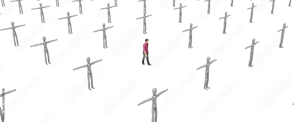 3D illustration a man in a middle of a mannequin crowd 3D illustration a man in a middle of a mannequin crowd