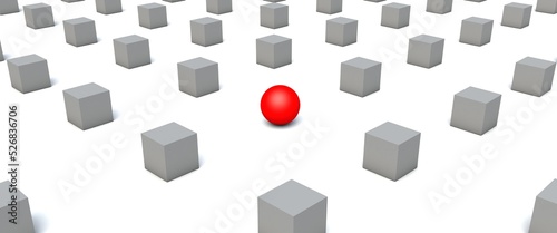 3D illustration a red ball in a middle of white cubes