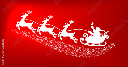 Santa Claus silhouette flying over snowflakes in sleigh full of gifts with reindeers . Merry christmas and Happy new year decoration. Red Vector background photo