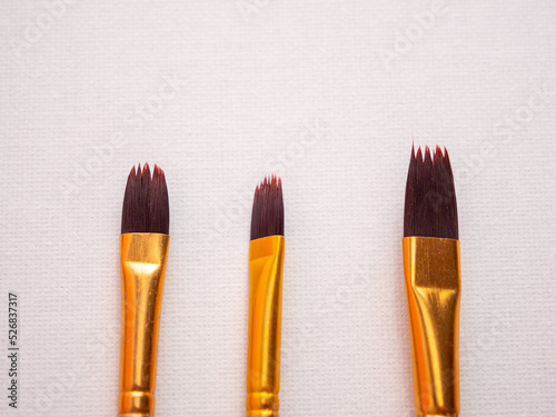 Paint brushes on white canvas. Artist's tool.