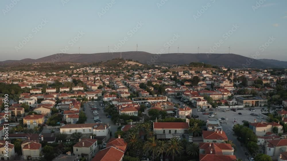 Sunrise aerial drone view of famous Turkish city Alacati near Cesme in Turkey Sunrise aerial drone view of famous Turkish city Alacati near Cesme in Turkey