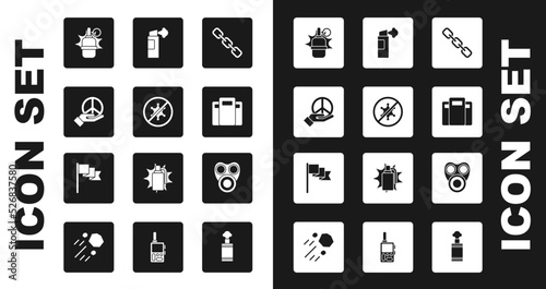 Set Chain link, Protest, Peace, Hand grenade, Police assault shield, Pepper spray, Gas mask and Location marker icon. Vector