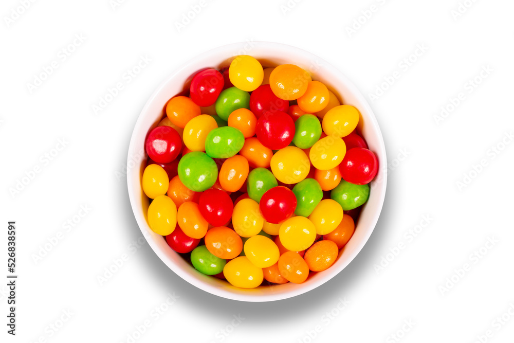 Colorful candy pills in bowl isolated on white background. Top view Colorful candy pills in bowl isolated on white background. Top view