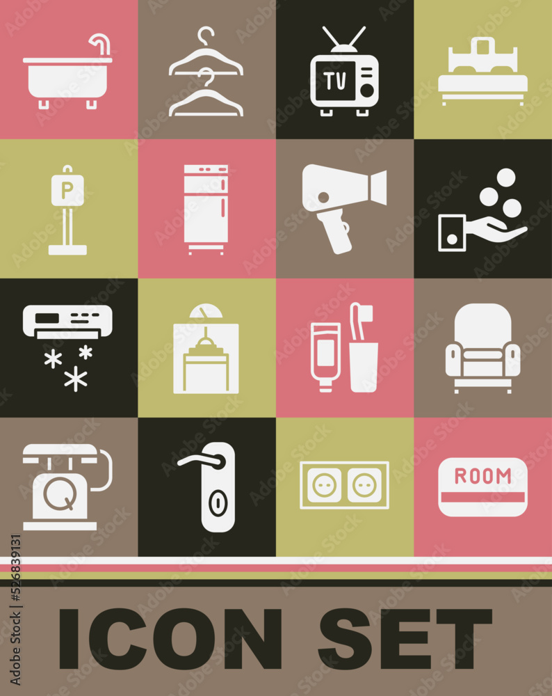 Set Hotel key card, Armchair, Paying tips, Retro tv, Refrigerator, Parking, Bathtub and Hair dryer icon. Vector Set Hotel key card, Armchair, Paying tips, Retro tv, Refrigerator, Parking, Bathtub and Hair dryer icon. Vector