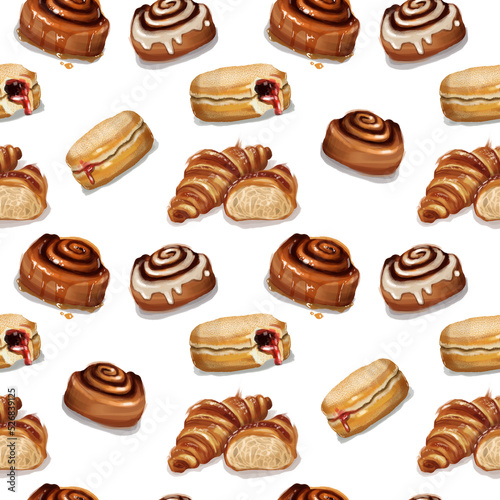 Bakery pastries realistic illustration pattern different types croissant, filled donut, cinnamon roll. Perfect french breakfast 