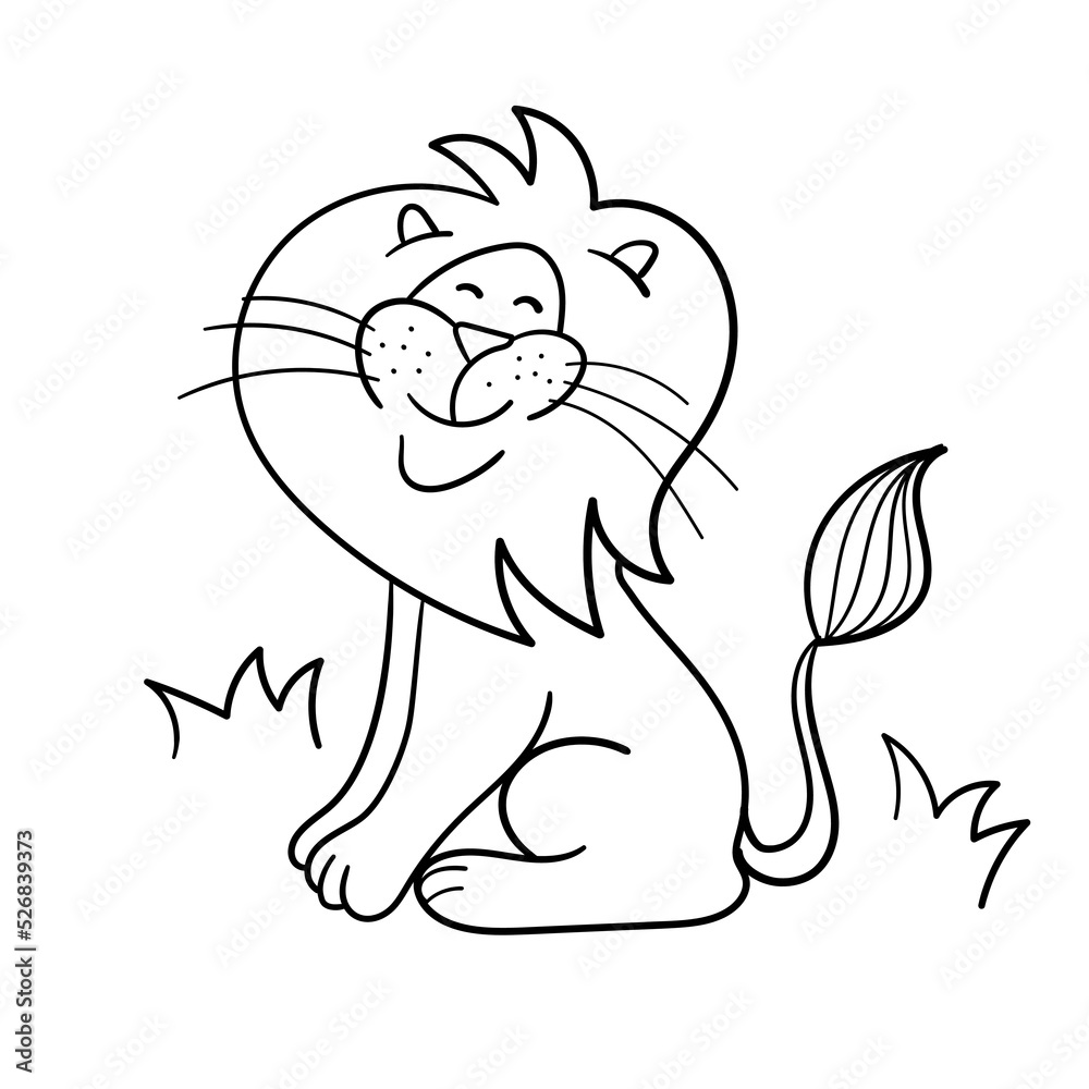 Obraz premium Illustration of a happy lion. Children graphic with line art design. Hand drawing sketch vector illustration. Coloring book