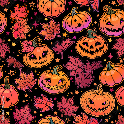seamless halloween illustration of decorated pumpkins and maple leaves